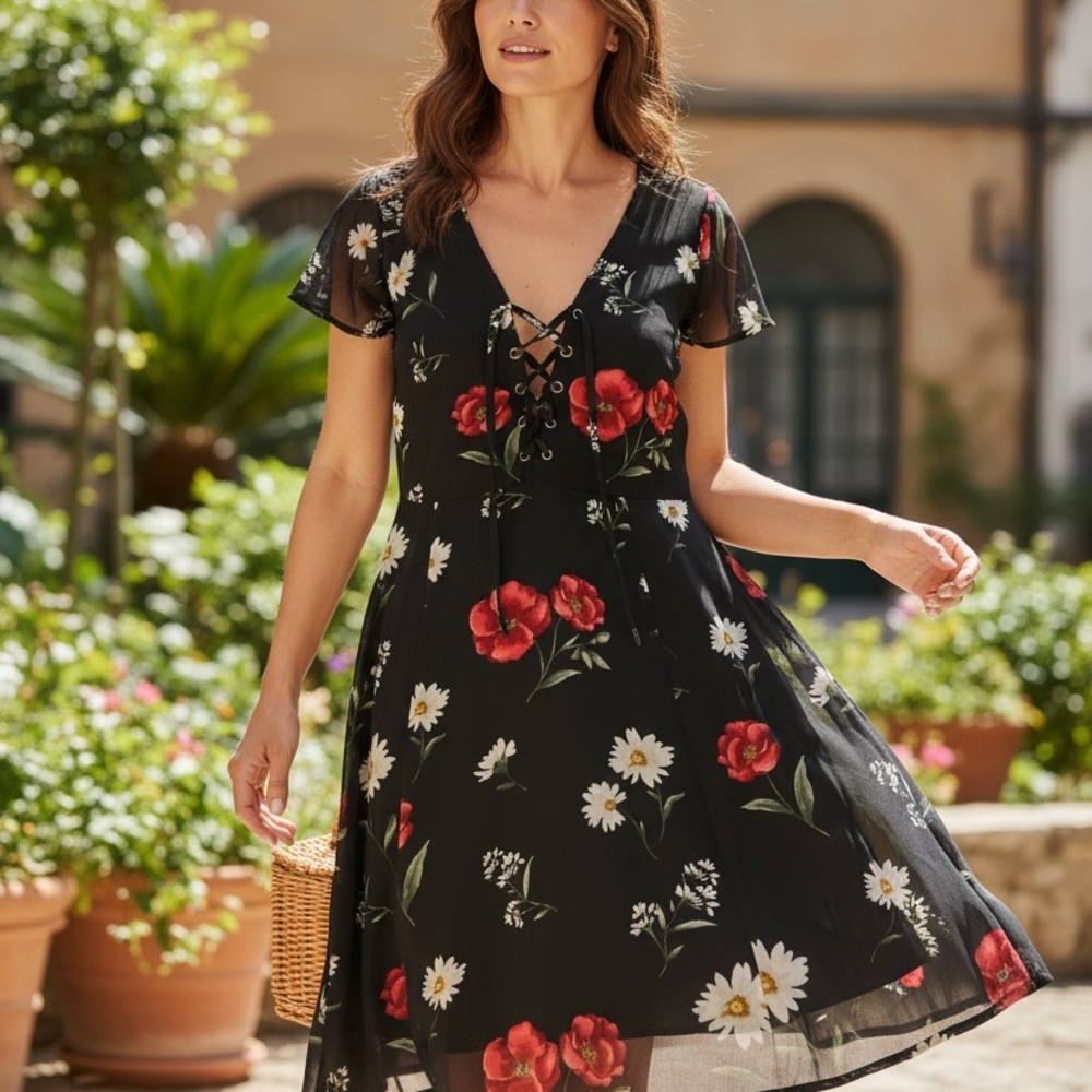 Forever 21 Black Floral Lace-Up V-Neck Midi Dress with Red and White Flowers